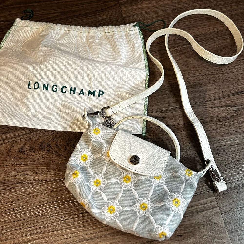Longchamp Floral Crossbody Bag in White and Gray